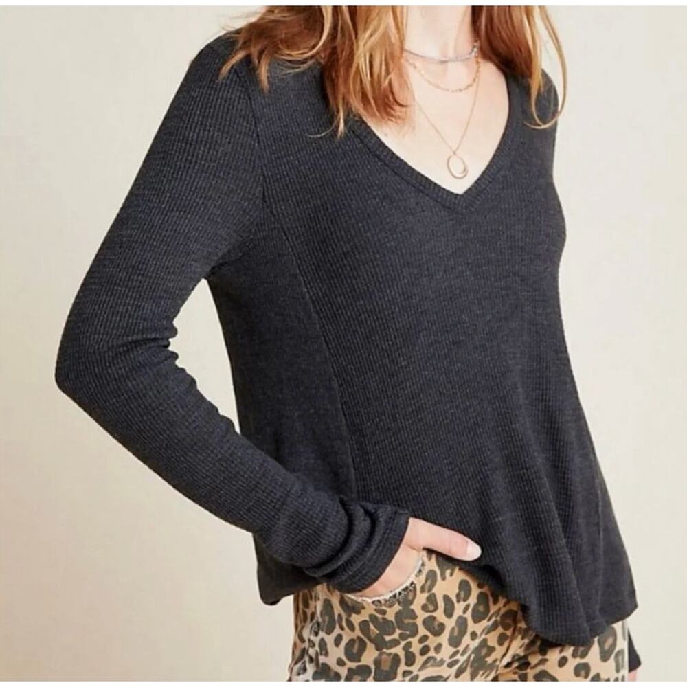 Anthropologie T.La Vicky Thermal Waffle V-Neck Tunic Top, Charcoal Gray, M NEW